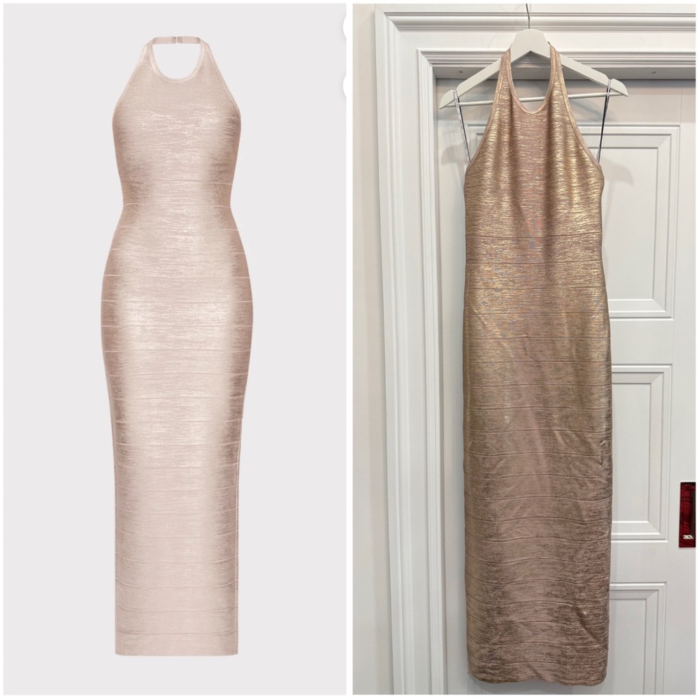 NWT HERVE LEGER FOIL HALTER BANDAGE GOWN LARGE ROSE GOLD RET $1490